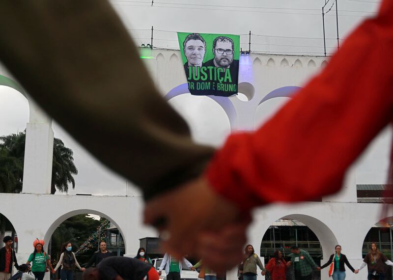 A demonstration in Rio de Janeiro, Brazil in June calls for justice for the murder Brazilian indigenous expert Bruno Pereira and the British journalist Dom Phillips. Photograph: Luciola Villela/Getty Images