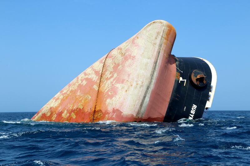 The Rubymar cargo ship partly submerged off the coast of Yemen after a Houthi missile attack. Photograph: Khaled Ziad /AFP via Getty Images