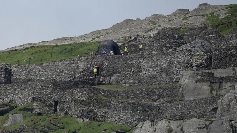 Production crew and sets on Skellig Island as ‘Star Wars: Episode VII’ begins filming. Photograph: Getty Images