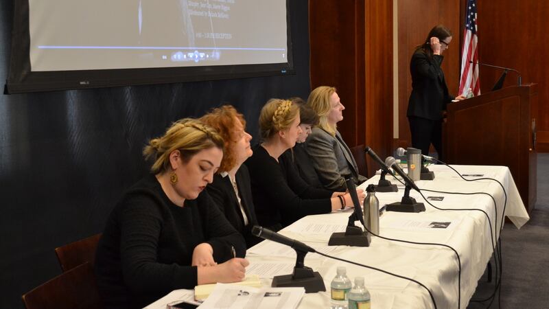 Maeve Higgins (far left) beside Jane Cox and other panellists as as Lisa Tierney-Keogh (podium) discusses Waking The Feminists in New York at Fordham University on  Sunday