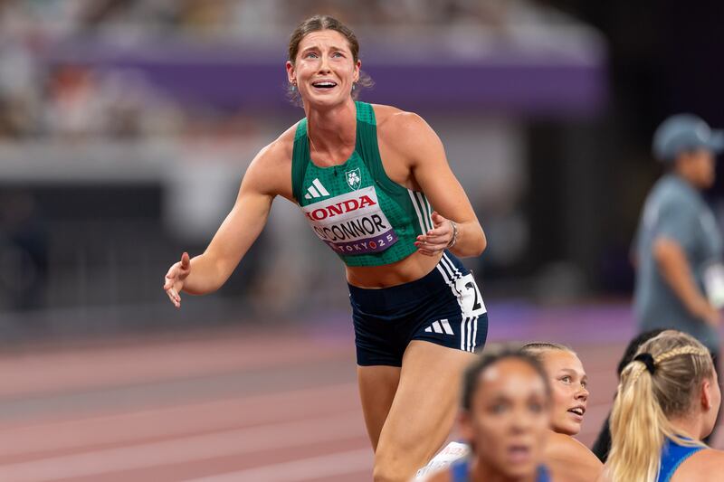 Ireland’s Kate O’Connor realises she has won the silver medal in the Women's Heptathlon. 
Photograph: Inpho