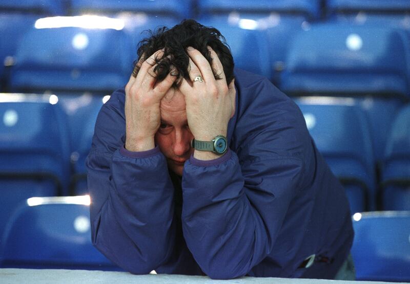 A distraught Manchester City fan shows his feelings after a 2-2 draw with Liverpool at Maine Road in May 1996, a result that condemned his club to relegation. Photograph: Mark Thompson/Allsport