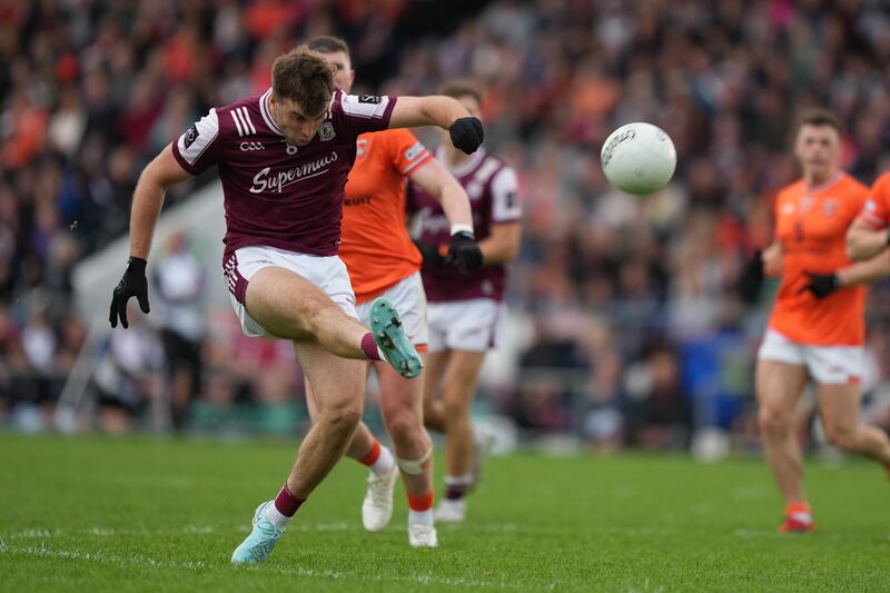 Paul Conroy of Galway kicks a point. Photograph: James Lawlor/Inpho