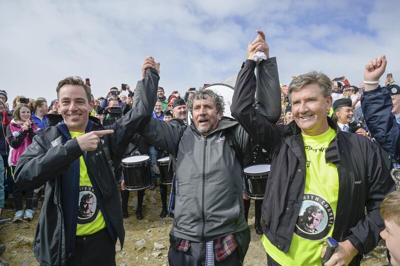 Charlie Bird after climbing Croagh Patrick, in Co Mayo, with Ryan Tubridy and Daniel O'Donnell to raise funds for charities. Photograph: Michael McLaughlin/RollingNews.ie