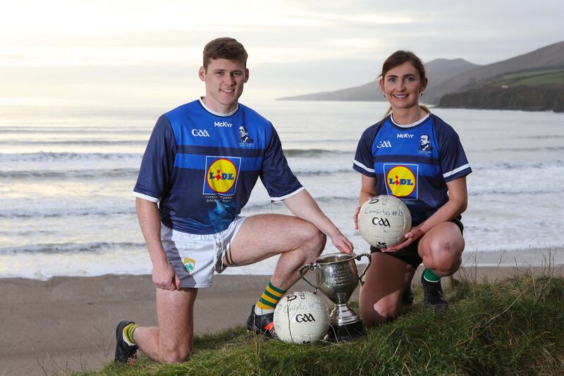 Kerry footballers Cáit Lynch and Gavin White at Inch beach in Co Kerry for the launch of the Lidl Comórtas Peile Páidí Ó Sé 2023, a club football  tournament which takes place from February 24th-26th across the Dingle Peninsula