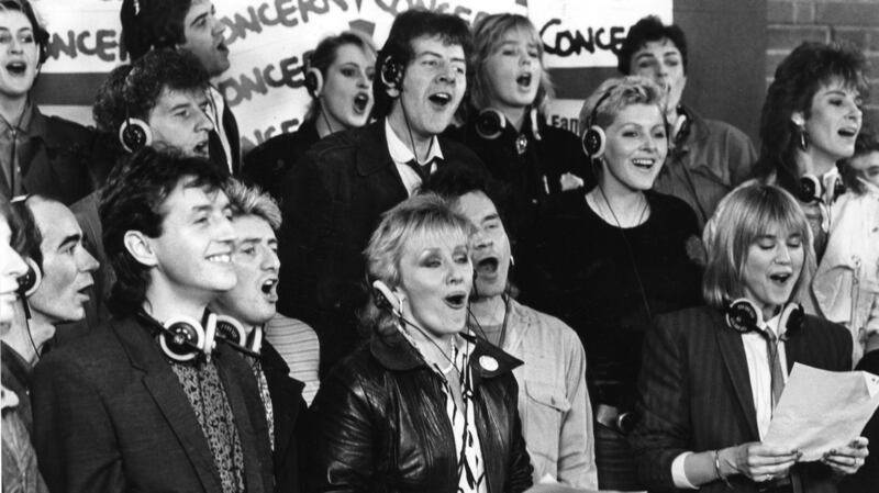 Irish music stars at the Windmill Lane Studios in Dublin in February 1985, performing under the name The Concerned, to record a single called Show Some Concern. Among those taking part are Freddie White, Maura O’Connell, BP Fallon, Red Hurley, Mary Black, Twink, Toy With Rhythm, Ray Lynam, Maxi, Auto Da Fe and Linda Martin. File photograph: Matt Kavanagh and Brenda Fitzsimons