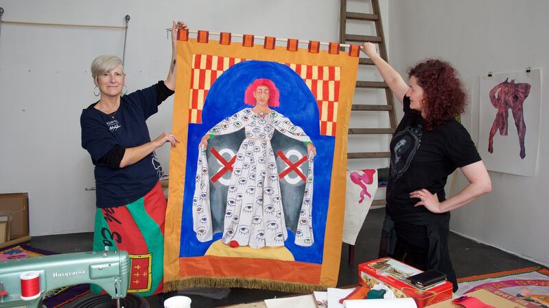 Artists Alice Maher and Rachel Fallon making banners for the Artists’ Campaign to Repeal the Eight Ammendment. Photograph: Alison Laredo