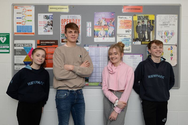 Lucy McCullagh (first year), Nathan Moore (fourth year), Saoirse Mulvihill (fourth year) and Thomas Wride (first year) who took part in the Health and Family survey and discussion on popularity. Photograph: Alan Betson/The Irish Times