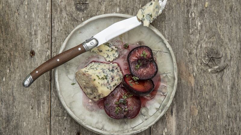 Baked plums and Crozier blue cheese. Photograph: Harry Weir