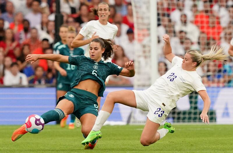 Germany's Lena Oberdorf  is fouled by England's Alessia Russo during the Women's Euro 2022 Final at Wembley Stadium. Photograph: Jonathan Brady/PA Wire