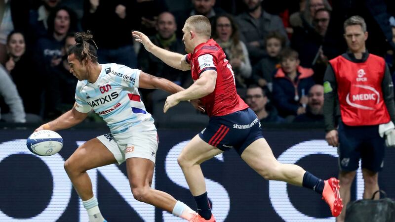 Teddy Thomas reaches to score for Racing 92 as they beat Munster at  La Defense Arena. Photograph: Dan Sheridan/Inpho