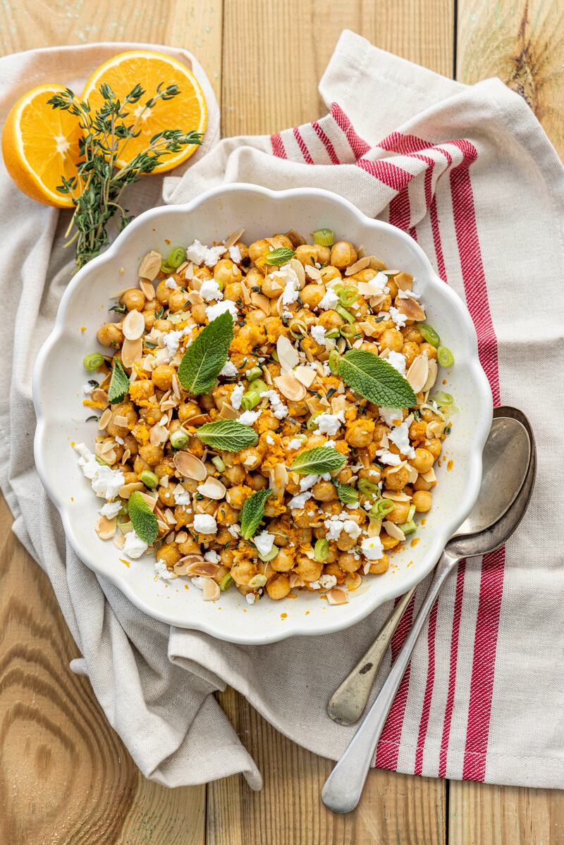 Spiced chickpea salad with orange, thyme and feta. Photograph: Harry Weir
