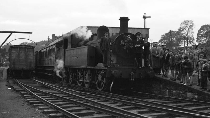 A small crowd gathers as the last Sligo Leitrim train leaves Enniskillen Railway Station in Co Fermanagh on September 30th, 1957. Courtesy of JJ Smith Collection – Bluebell Railway