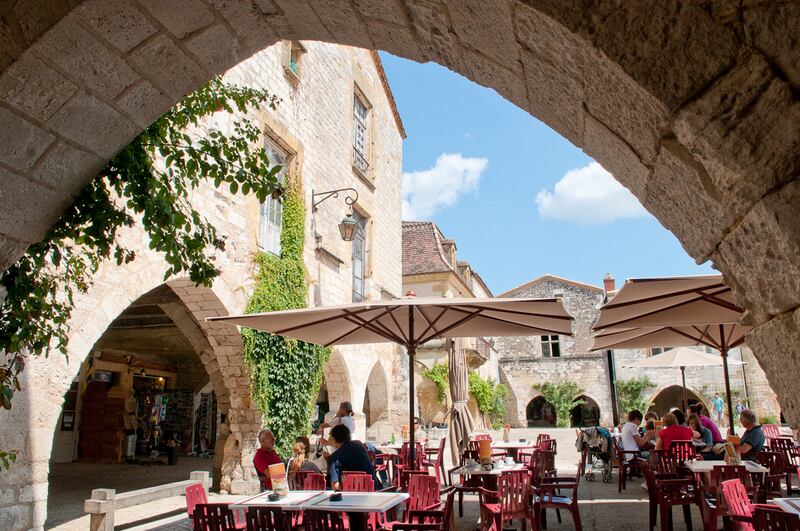 Markets like in Monpazier are tiny, but they’re busy. Photograph: Dordogne Tourism