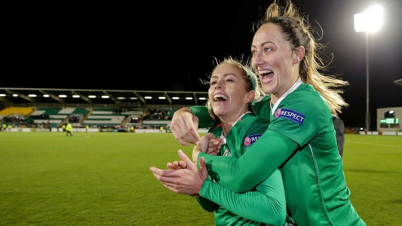 Denise O’Sullivan and Megan Campbell celebrate afetr Ireland beat Ukraine in Tallaght last year. Photograph: Laszlo Geczo/Inpho