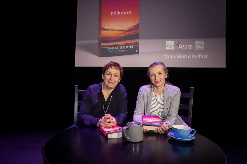 Man Booker Prize-winning author Anna Burns was given a warm welcome home last night to the Lyric Theatre Belfast for a special in conversation event with Anne Enright, jointly hosted by the Arts Council of Northern Ireland and Faber Members. Photograph: Brian Morrison.