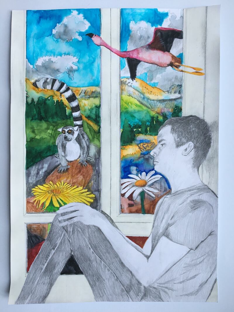 WINNER: James Moonan, aged 15. ‘This is called Wild Imagination. It is a picture if me inside my house looking out and thinking of all the things I’d like to see outside my window. Like pink flying flamingos, snowy mountains, giant colourful flowers and my favourite animal, a lemur.’