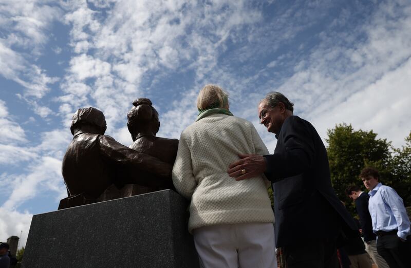  A new life-size bronze sculpture titled 'The Gift' which commemorates the aid provided by the Choctaw Nation to Ireland  during the Famine, has been unveiled at the National Famine Museum at Strokestown Park. Pictured is sculptor Brendan O’Neill with his wife Susan.  Photo: Bryan O’Brien

