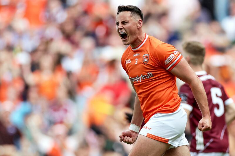 Armagh's Aaron McKay celebrating after scoring a goal in the All-Ireland final against Galway. Photograph: Laszlo Geczo/Inpho