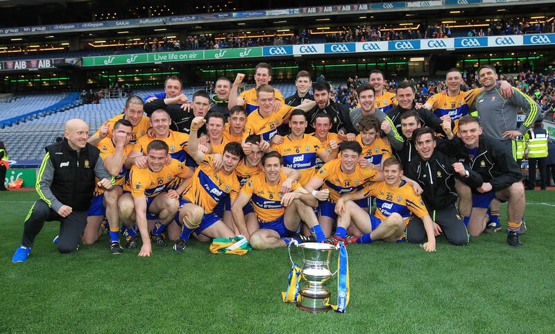 The Clare team celebrate winning the Allianz Football League Division 3 final against Kildare in Croke Park in April 2016. Photograph: Lorraine O'Sullivan/Inpho