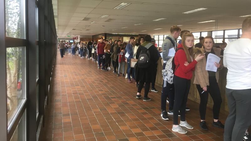 Students queue up to register to vote at NUI Galway following a registration drive by USI.