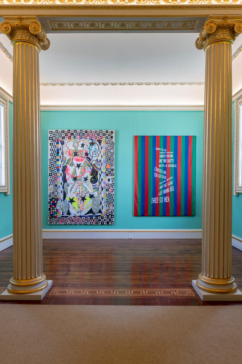 Phelan’s preoccupation with the red-green-blue colour model is writ large here, imbuing the oblique language and half-formed sentences splashed across the canvas with a visual heat. Photograph: Louis Haugh
