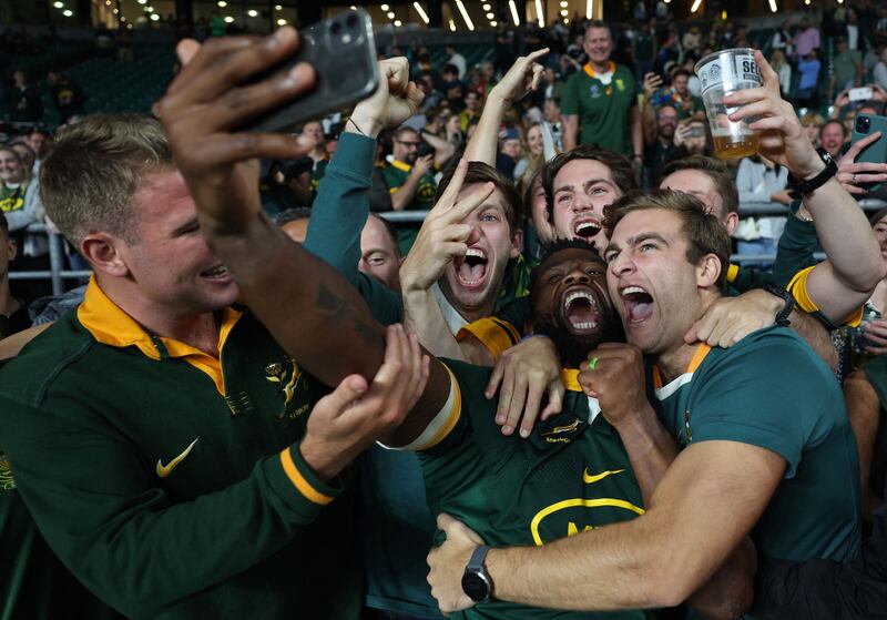 South Africa's captain Siyamthanda Kolisi celebrates with supporters after the impressive pre-World Cup victory over New Zealand at Twickenham which revealed the holders to be in rude health. Photograph: Adrian Dennis/AFP/Getty