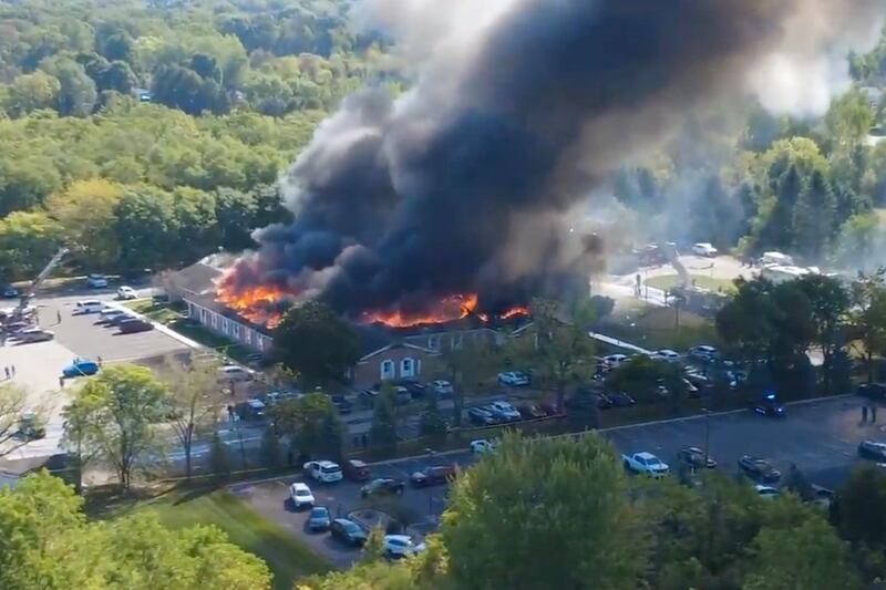 Flames and smoke rising from the Church of Jesus Christ of Latter-day Saints in Grand Blanc following the incident. Photograph: AP