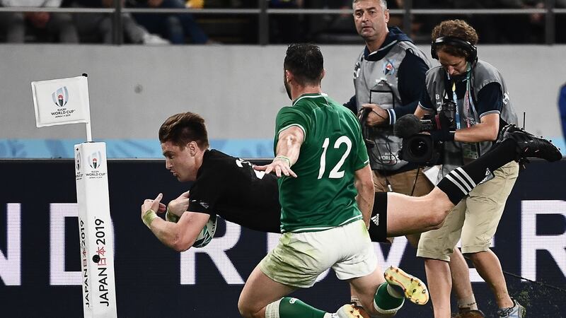 Jordie Barrett goes over for the final try of the game. Photo: Anne-Christine Poujoulat/Getty Images