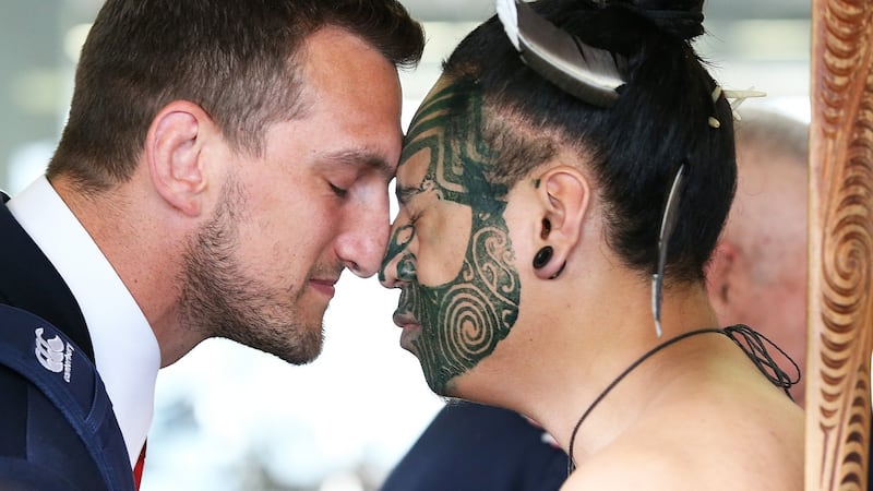 Sam Warburton   receives a hongi in welcome as the Lions arrive at Auckland International Airport. Photograph: Fiona Goodall/Getty Images