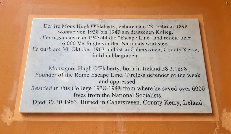 The plaque for Monsignor Hugh O'Flaherty at the German College beside the Vatican. Photograph: Naomi O'Leary