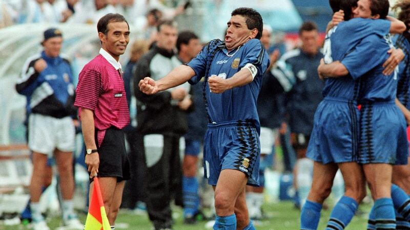 Diego Maradona celebrates after Argentina scored a goal against Greece at the 1994 World Cup. Photograph: Getty Images