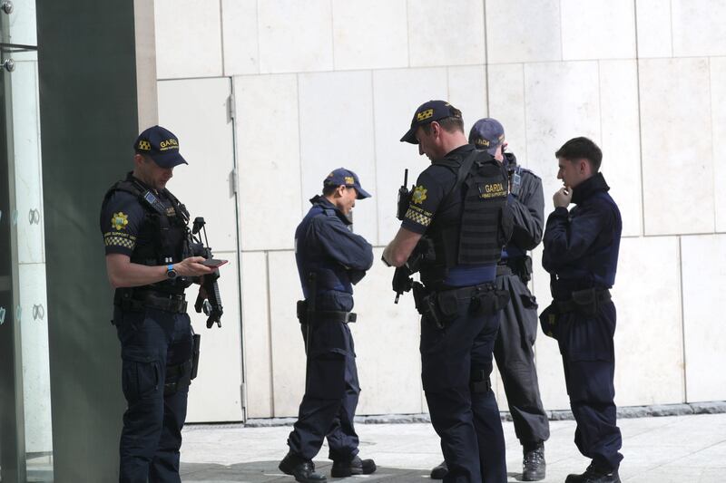 Security at the Special Criminal Court in Dublin on the morning of April 17th, when judgement was delivered in the trial of Gerard Hutch for the murder of David Byrne. Photograph: Collins Courts