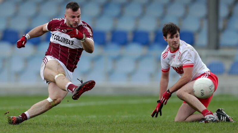 Mullinalaghta’s Aidan McElligott and Fiach O’Toole of Éire Óg in action during the in the AIB Leinster Club SFC semi-final at Pearse Park in Longford. Photograph: Laszlo Geczo/Inpho