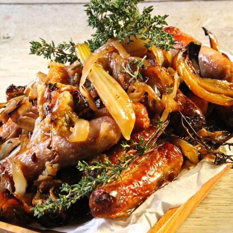 Sheet pan sausages with sticky onions