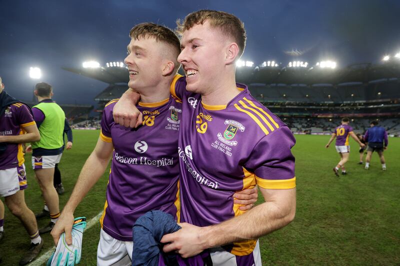 Kilmacud Crokes' Cian O'Connor and Andy Fox celebrate after beating Glen last to become All-Ireland champions. Photograph: Laszlo Geczo/Inpho