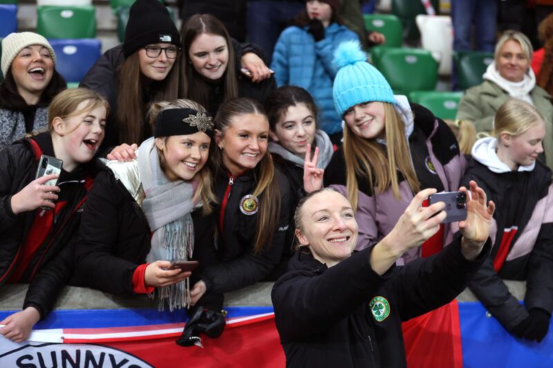 Republic of Ireland's Louise Quinn takes a selfie with fans following the victory over Northern Ireland. Photograph: Liam McBurney/PA Wire
