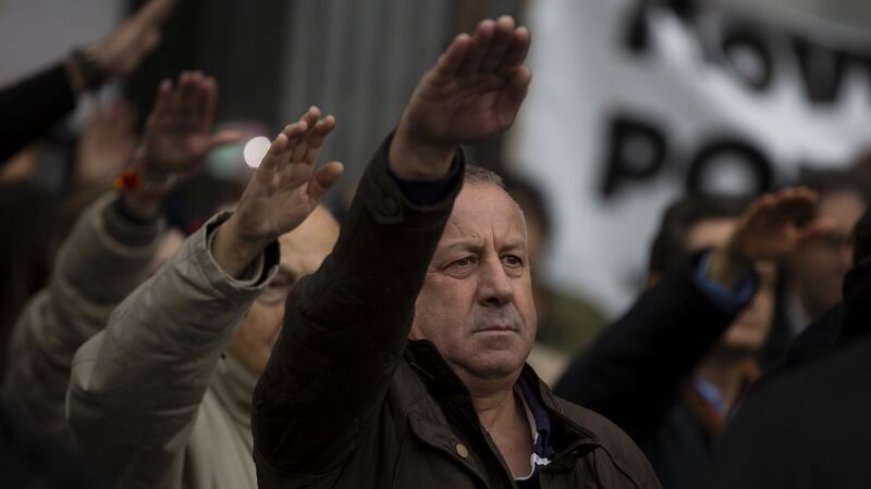 Supporters of Franco do a fascist salute during a rally commemorating the 43rd anniversary of his death, at Plaza de Oriente  in Madrid, Spain, in November 2018. Photograph: Pablo Blazquez Dominguez/Getty Images