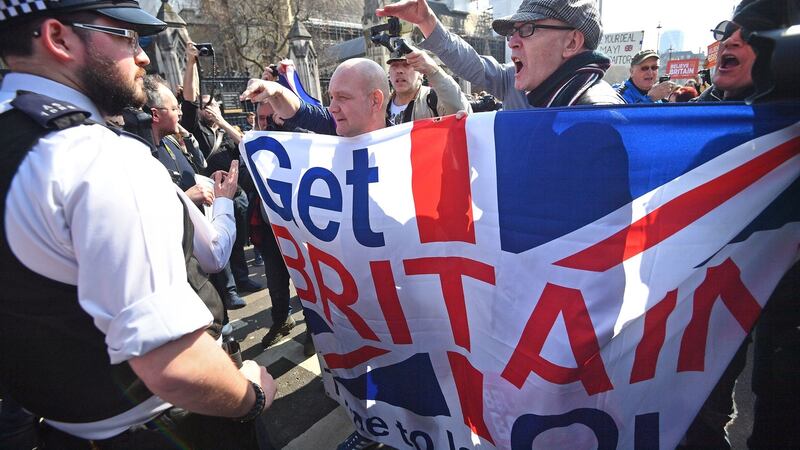 Pro-Brexit protesters outside Westminster, London. Photograph: Victoria Jones/PA Wire