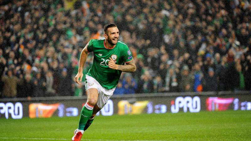 Happier times - Shane Duffy celebrates scoring Ireland’s opener against Denmark. Photograph: Aidan Crawley/EPA