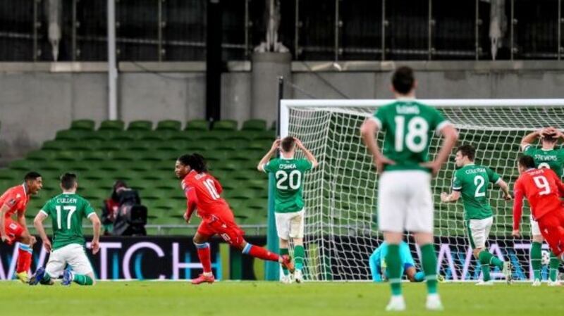 Gerson Rodrigues turns away to celebrate scoring Luxembourg’s winner in the World Cup qualifier at the Aviva Stadium. Photograph: Ryan Byrne/Inpho