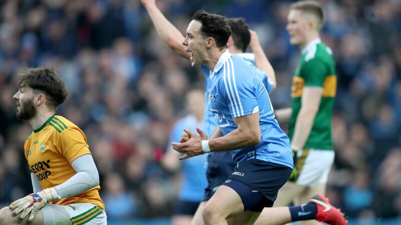 Dublin’s Shane Carthy celebrates after Niall Scully scored their first goal. Photo: Bryan Keane/Inpho
