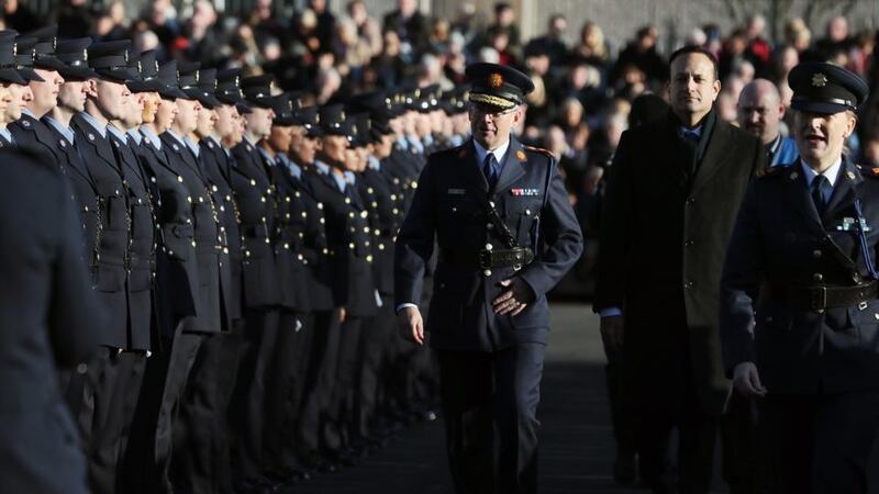 Garda Commissioner Drew Harris (centre) with Taoiseach Leo Varadkar (second right) at a Passing Out ceremony at the Garda College, Templemore, Co. Tipperary in November 2019. File photograph: Brian Lawless/PA Wire
