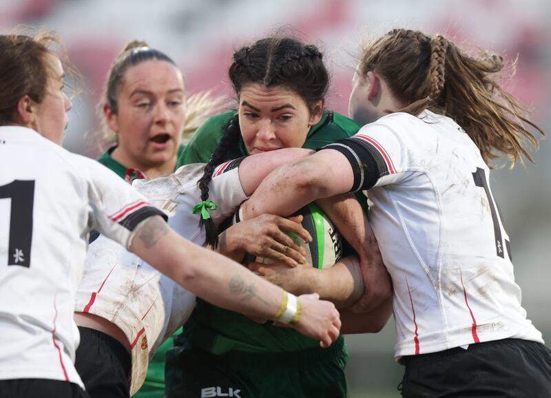 Connacht's Grainne O'Loughlin is tackled by Ulster's Helen McGhee during the Vodafone Women's Interprovincial Championship at Kingspan Stadium. Photograph: John McVitty /Inpho