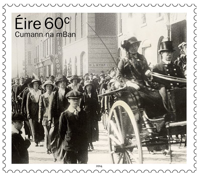 A stamp marking the centenary of Cumann na mBan in 2014. Designed by Ger Garland, the stamp features Cumann na mBan members  at the head of the funeral of citizens shot during the Howth arms landing (courtesy of Kilmainham Gaol Museum).