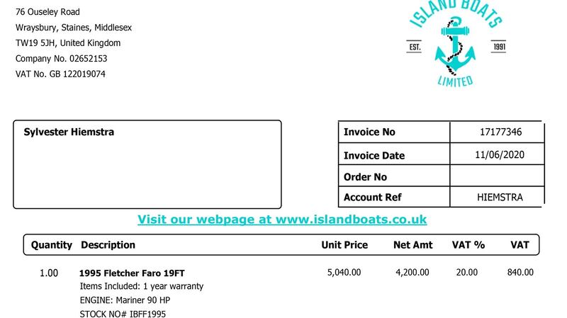 An invoice to Sylvester Hiemstra from Island Boats