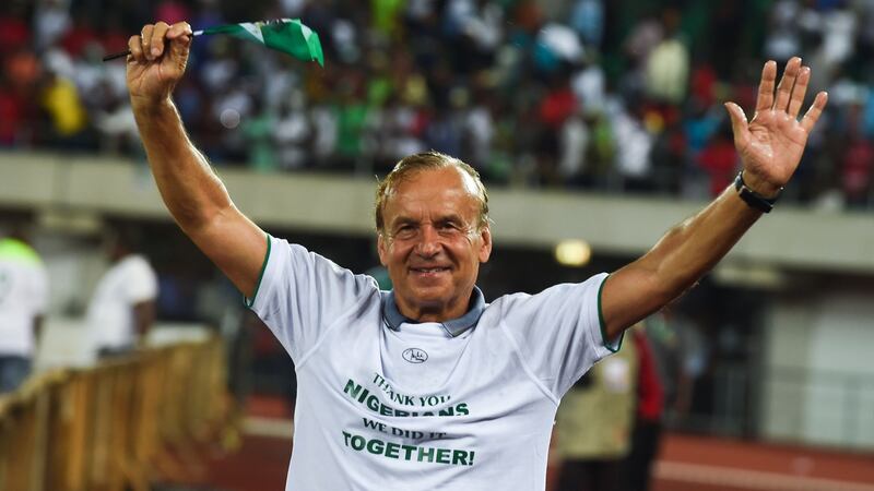 Gernot Rohr celebrates Nigeria’s World Cup qualification. Photograph: Pius Utomi Ekpei/AFP/Getty
