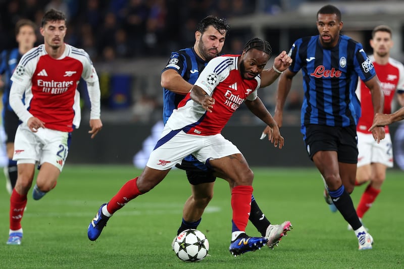 Arsenal's Raheem Sterling in action during the UEFA Champions League match against Atalanta at the Stadio di Bergamo, Italy on Thursday. Photograph: Fabrizio Carabelli/PA Wire
