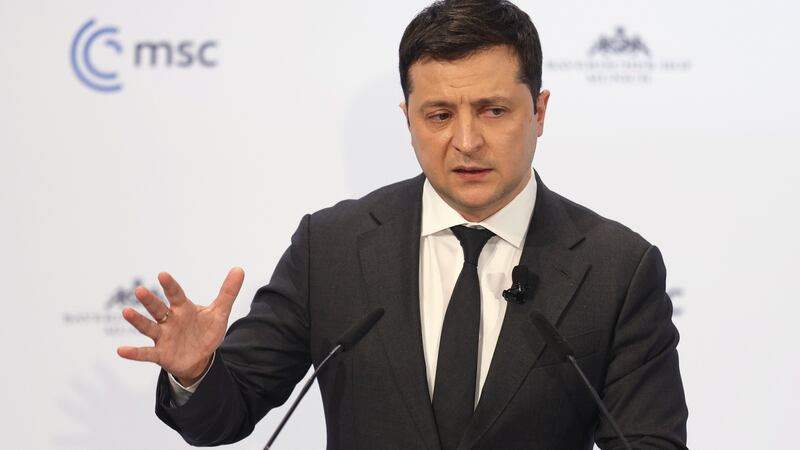 Ukrainian president Volodymyr Zelenskiy speaks at the Munich Security Conference. Photograph: Ronald Wittek/EPA