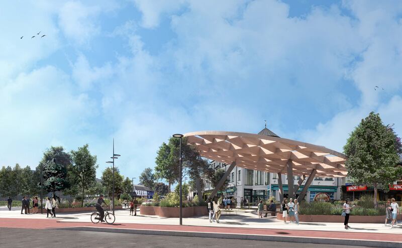 A computer-generated image of the proposed new timber and glass covered amenity space at Potato Market, part of the proposed 20m rejuvenation of Carlow town. Photograph: Urban Agency/PA Wire